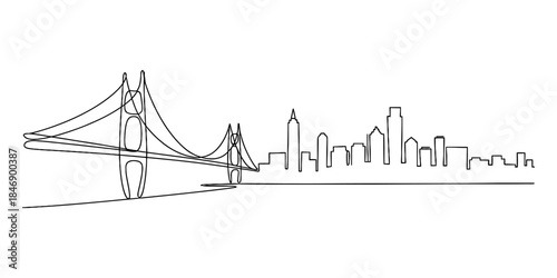 Continuous line art illustration of the golden gate bridge and a modern city skyline silhouette Vector, illustration