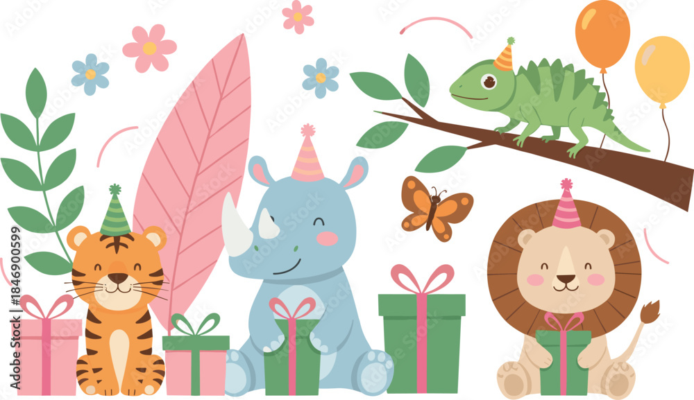 Fototapeta premium Cute Cartoon Jungle and Safari Animals Birthday Party Vector Set; Tiger, Rhino, Lion, and Chameleon with Gifts, Balloons, and Party Hats for Kids.
