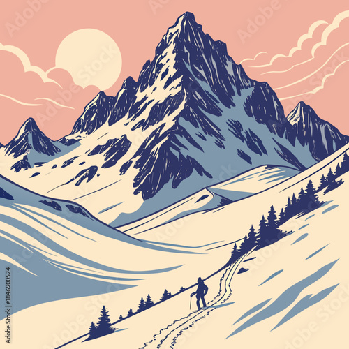 Snowy mountain landscape with hiker and trees