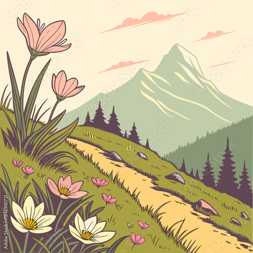 Mountain landscape with flowers and trees on a hillside