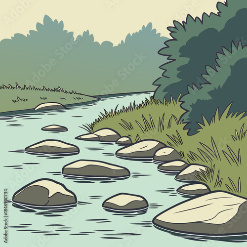 Serene river landscape with stepping stones stream