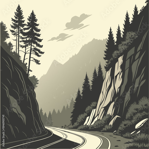 Winding road through mountainous forest landscape trees