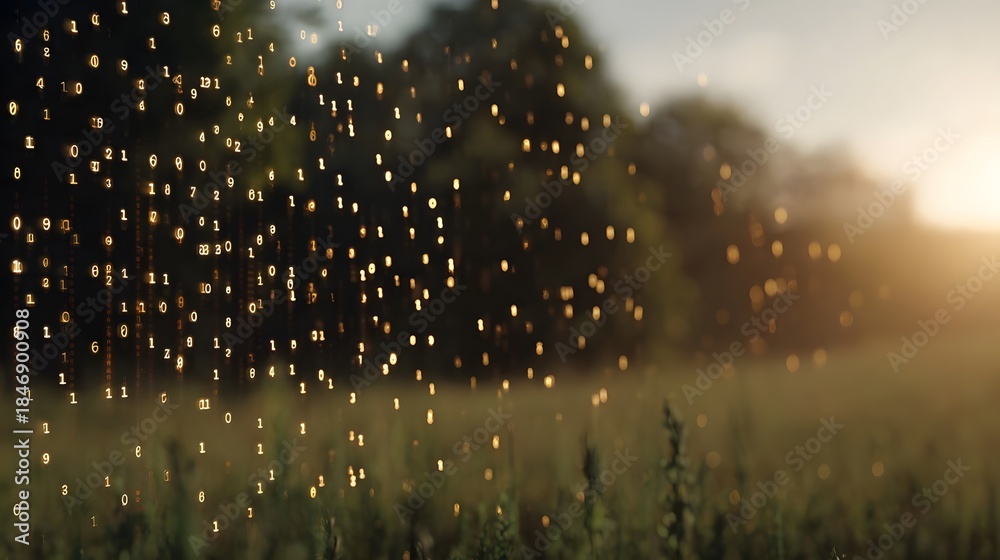 Fototapeta premium Golden binary data streams float ethereally through a serene sunlit natural landscape at dawn or dusk