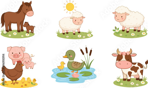 Adorable Farm Animals and Babies Vector Set Featuring Horse, Sheep, Pig, Duck, and Cow in a Cute Pastoral Scene for Nursery Prints