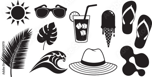 Summer vacation icons black and white set