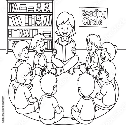 Children sitting in a reading circle with teacher