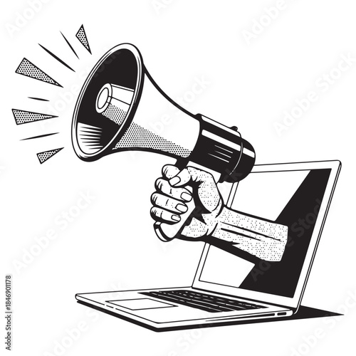 Trendy Halftone Collage with Megaphone, Laptop and Hands. vector