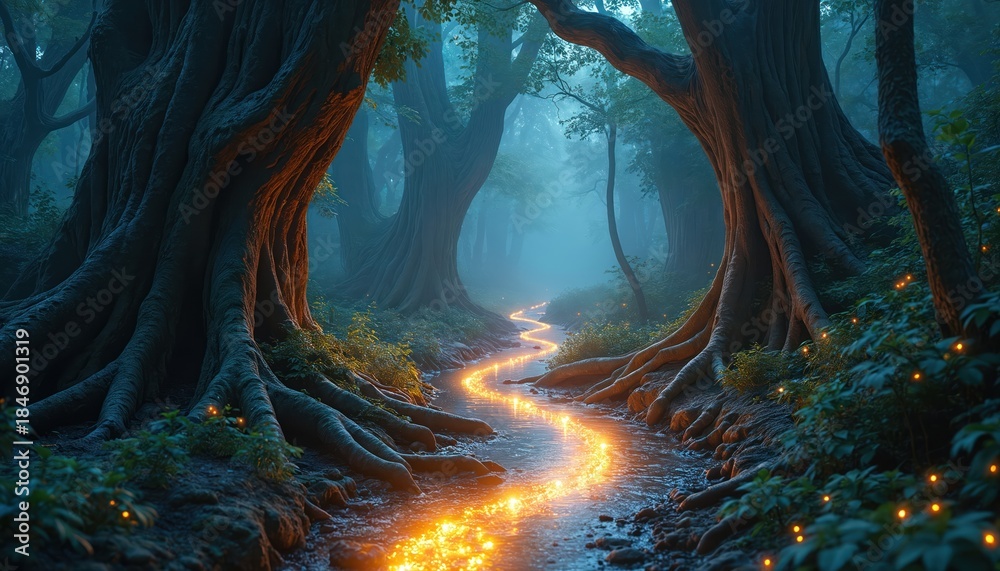 Obraz premium Enchanted forest with a glowing river flowing between giant ancient tree roots. Magical woodland scenery with small bright lights scattered around. Mystical nature path.