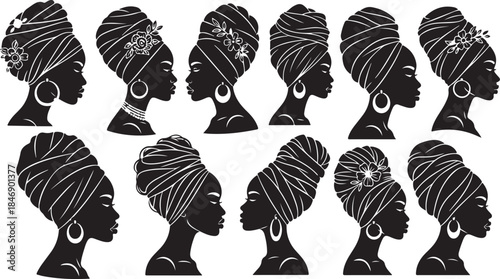 Black woman turban silhouette collection vector
