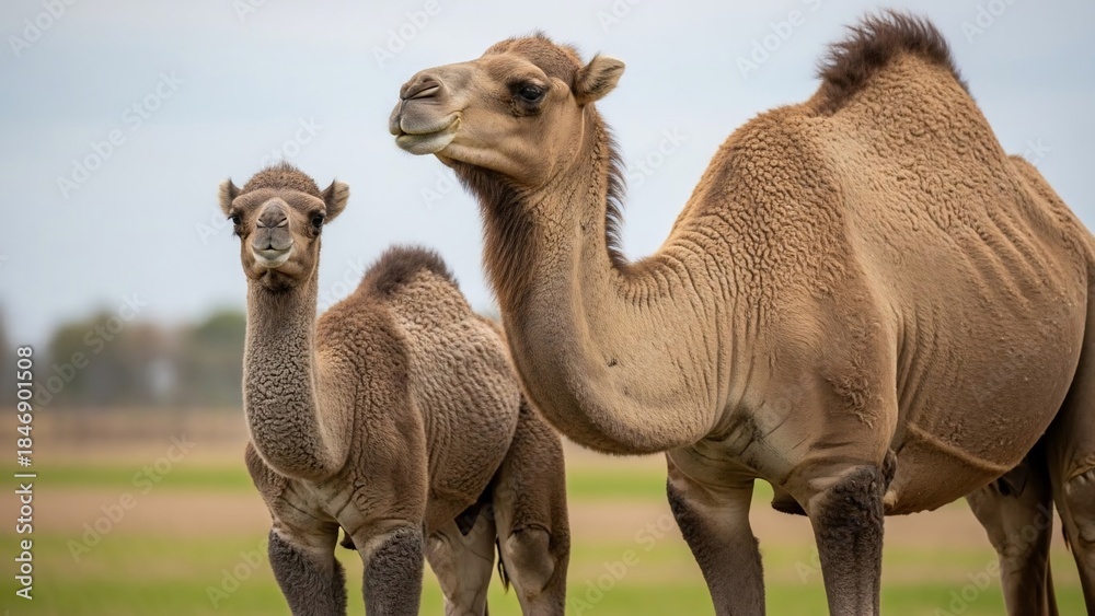 Obraz premium Two Bactrian Camels Standing in a Grassy Field Outdoors.