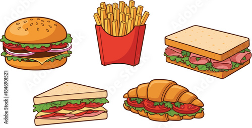 Cartoon Vector Set of Popular Fast Food Items; Classic Hamburger, Crispy French Fries, Ham Sandwiches, and Croissant for Menu Design and Packaging.