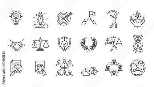 Business growth and success concepts represented by icons of innovation, teamwork, and achievement