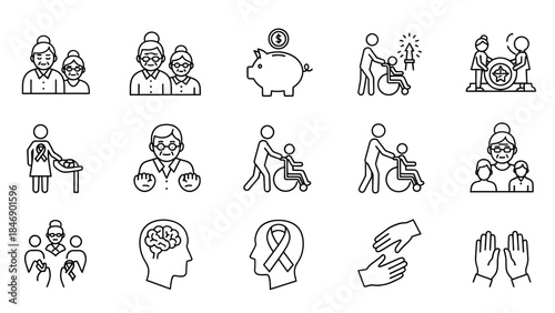 Social Care and Support Icons Helping Hands, Elderly Care, and Health Awareness Symbols