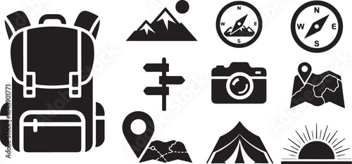Essential black icons for outdoor adventure travel