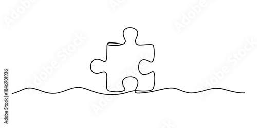 Simple and minimalist single continuous line drawing of a puzzle piece on a wavy background Vector, illustration