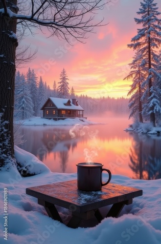 A tranquil winter morning with a steaming mug overlooking a serene cabin on a snowy lake