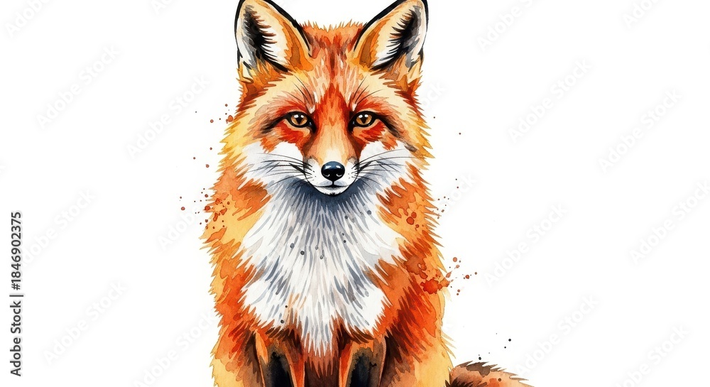 Obraz premium Detailed watercolor style portrait of a wild fox showcasing vibrant orange fur against a white background