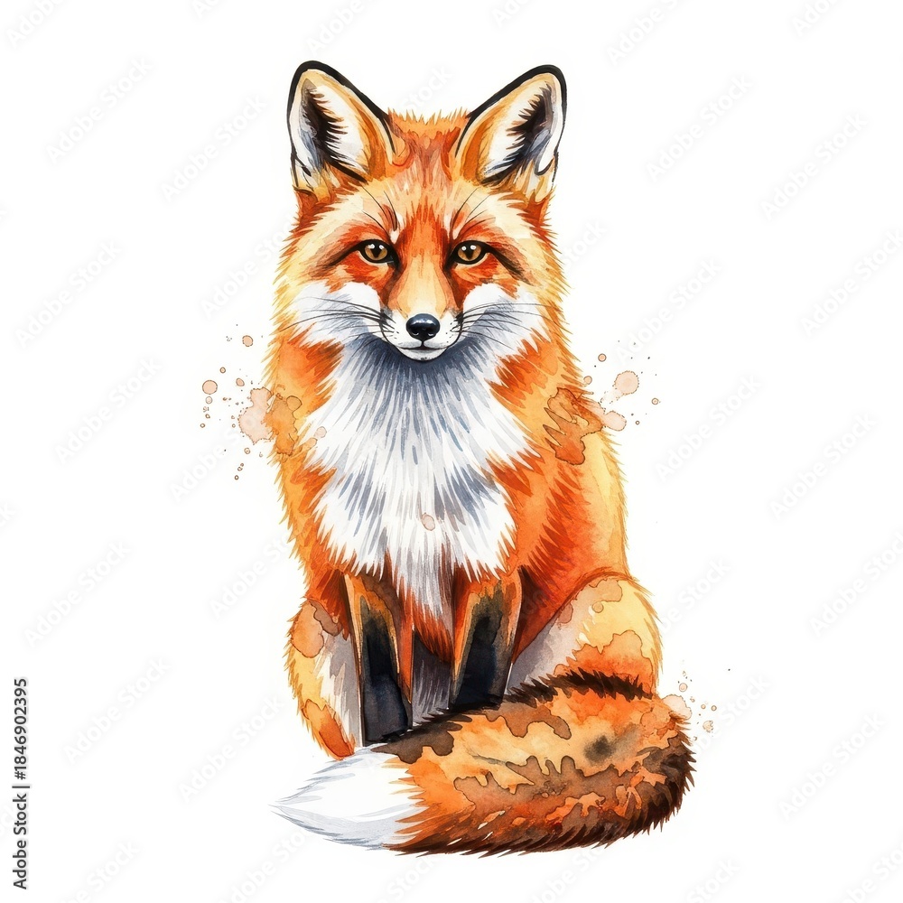 Naklejka premium Detailed watercolor illustration depicts a sitting red fox centered on a white background