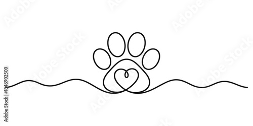 A continuous line drawing of a paw print with a heart symbolizing pet love Vector, illustration