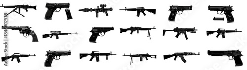 Collection of black and white silhouettes of various firearms and handguns, including rifles, pistols, and machine guns, on a white background