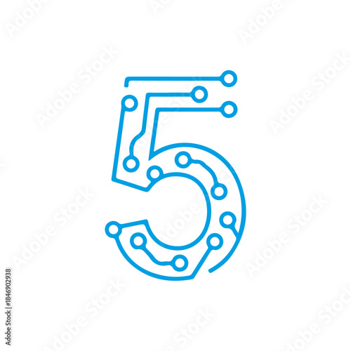 A vector icon of the number '5' designed with blue electronic circuit board lines, symbolizing digital processing, 5G network speed, and technology concepts. PNG, JPG, and editable EPS formats 