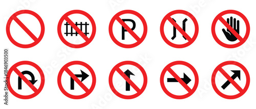 Set of traffic directional no turn restriction signs. No entry and directional prohibition symbols. Prohibitory road vector icons. No turn sign red circle with black arrow. Vector illustration.
