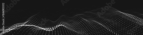 An abstract black and white wave of glowing dots that creates the illusion of moving waves on a dark background. The visualization resembles a dynamic 3D vector wave that combines technology and