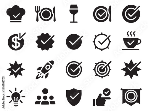 Diverse glyph style icons for business and services check mark approvals and symbols