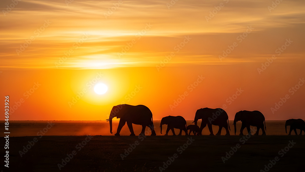 Fototapeta premium Serene sunset over a herd of elephants traversing open plains at dusk