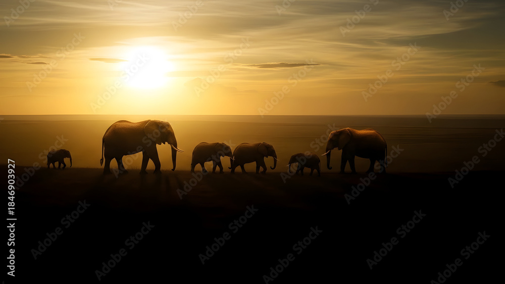 Fototapeta premium Serene Sunset Over African Elephants Moving Across the Plains in Silhouette