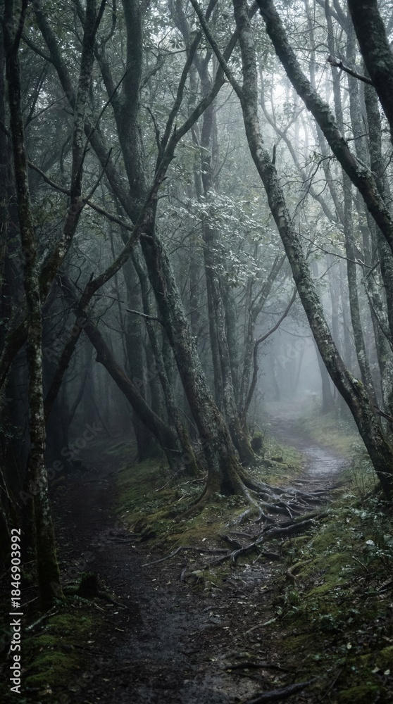 Obraz premium Misty forest path winding through ancient trees with gnarled roots and mossy ground