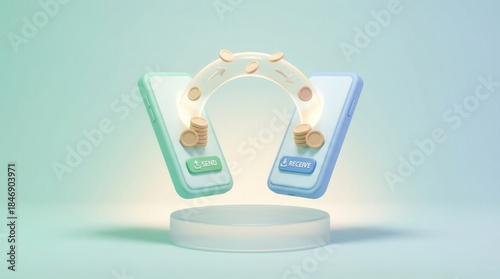 3D illustration of mobile money transfer between two smartphones with coins flying