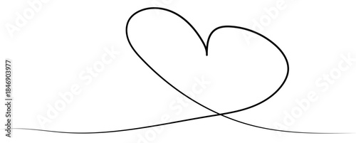 Simple continuous black ink line sketch of a heart shape representing romance and affection suitable for wedding invitations valentine day flyers and relationship brochures