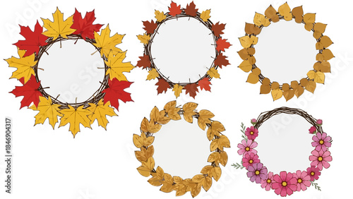 Autumn Wreath Collection Featuring Colorful Fall Foliage and Floral Decorations