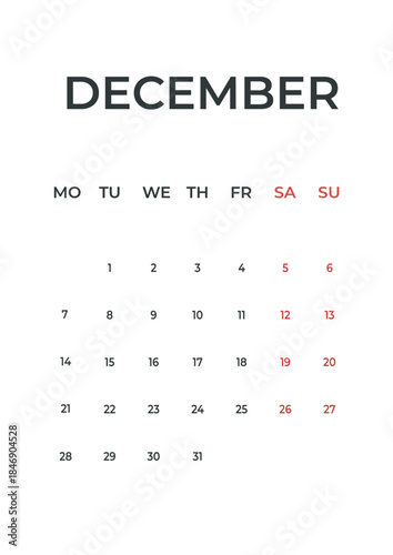 December 2026 calendar wall page planner