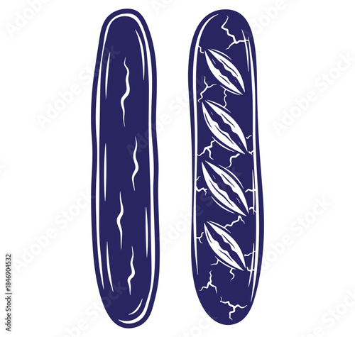 Artistic illustration of two french baguettes featuring abstract crack and cut design
