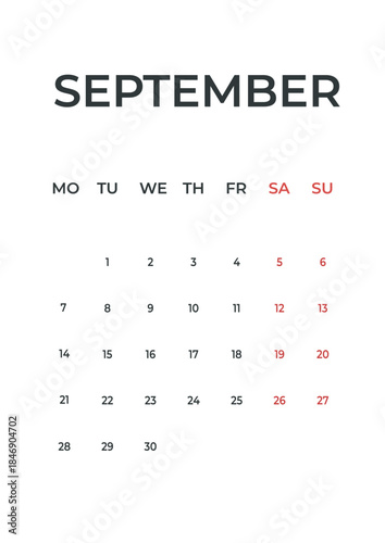 September, 2026 calendar wall page planner