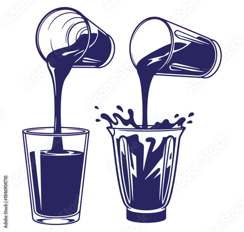 Dark liquid poured from glass into other glass creating dynamic splash effects vector illustration