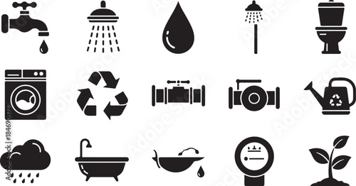 Water conservation and plumbing icon set vector
