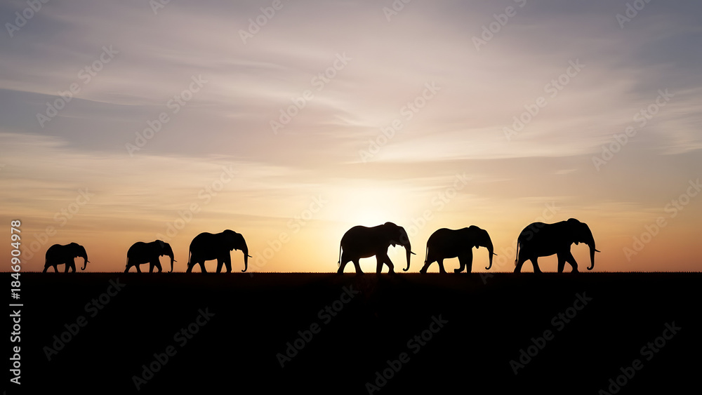 Fototapeta premium Serene silhouette of elephants gracefully migrating across a vast plain during a breathtaking sunset