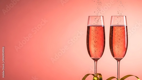 Two champagne flutes filled with sparkling pink rosé wine, bubbles rising, with a golden ribbon and coral background copy space