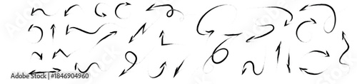 Diverse collection of sketchy black hand drawn arrows showing multiple directions and curves suitable for annotating documents or guiding viewers in business flowcharts and plans