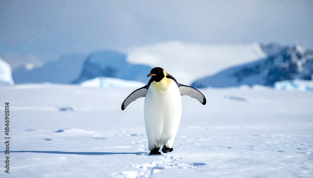 Fototapeta premium A solitary Emperor penguin confidently strides across a vast snow-covered terrain, mountains forming a distant backdrop under a blue sky