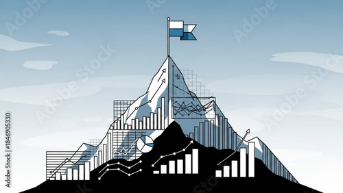 A stylized illustration of a mountain with a flag on top and various graphs and charts in the foreground