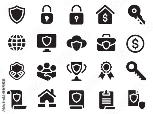 Collection of 20 glyph style icons representing security finance and business concepts