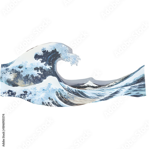 A massive ocean wave crashes against the shore with a majestic mountain in the background viewed from a close-up perspective