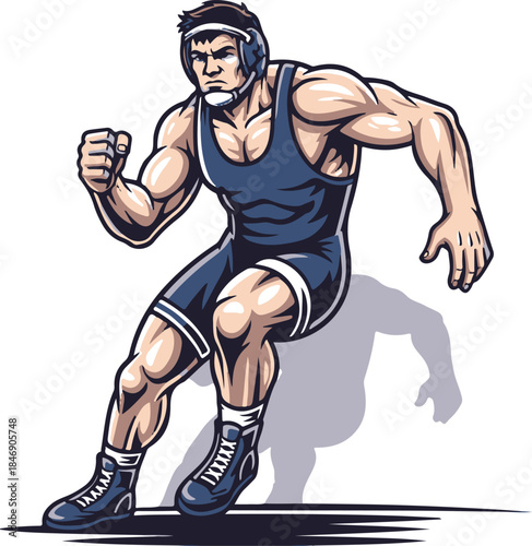 Vector illustration of a wrestler stepping forward with one arm raised and muscles defined, suggesting a confident entrance to the match. Great for intros, event posters, club branding, and motivation