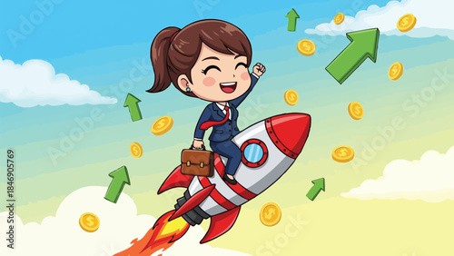 Charming businesswoman soaring through the sky on a rocket adorned with growth arrows and coins symbolizing financial prosperity and ambitious