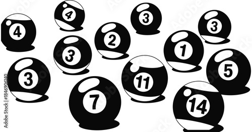 vector collection of numbered billiard pool balls, including stripes and solids, suitable for pool hall graphics, cue sports illustrations, gaming designs, educational materials, and recreational