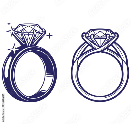 Elegant vector illustration featuring two detailed diamond engagement rings on a white background.
